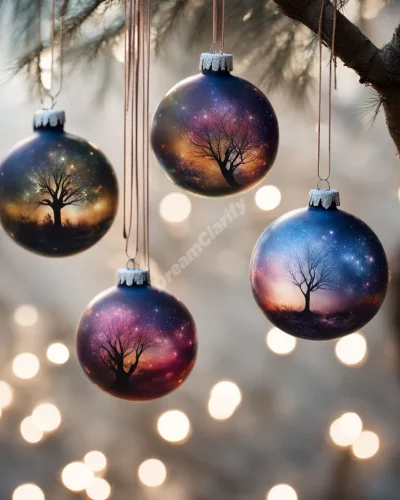 Ornaments hanging from a tree, each revealing a different dream scene, representing celebration.