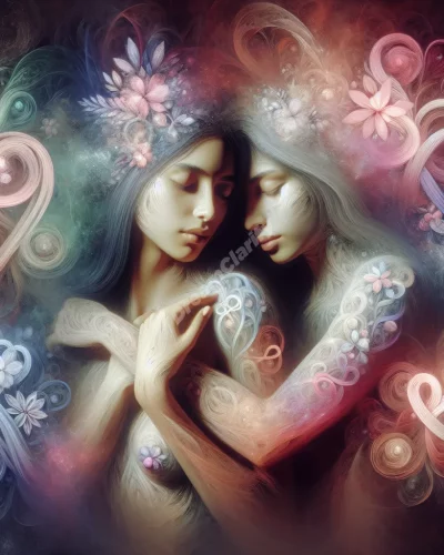 Two women embracing, surrounded by love symbols, representing lesbian dreams.