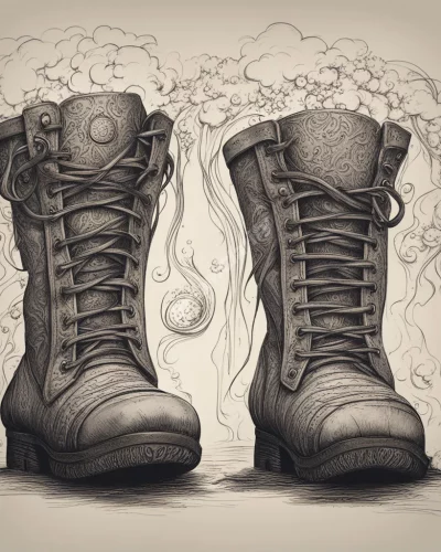 Boots walking through different dream terrains, representing journey and protection.