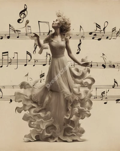 A figure singing, with musical notes forming dream symbols, representing expression.