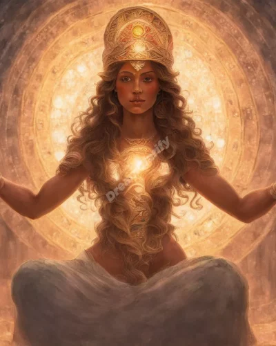 A goddess figure glowing with divine symbols, representing femininity and power.