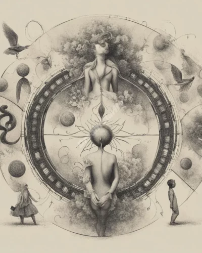 A figure transforming into different forms, surrounded by symbols of change.