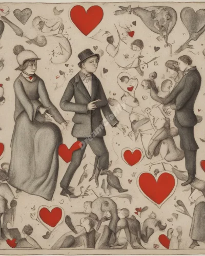 Figures flirting, surrounded by heart-shaped dream symbols, representing attraction.