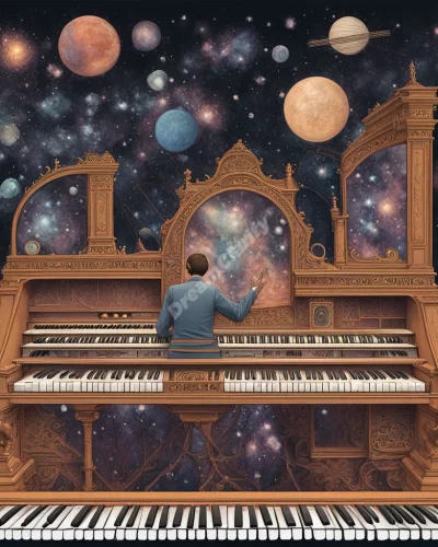 An organist playing a cosmic instrument, keys revealing dream scenes.