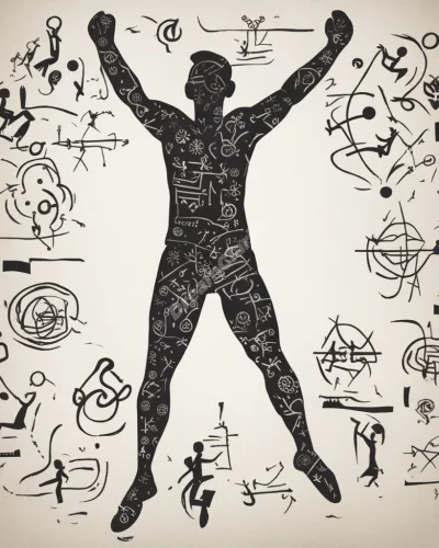 A figure doing jumping jacks, surrounded by energetic symbols, representing activity.