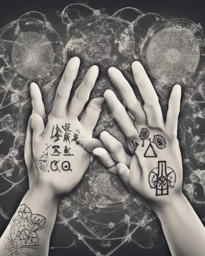 Hands wearing gloves that reveal hidden symbols, representing protection and hidden potential.