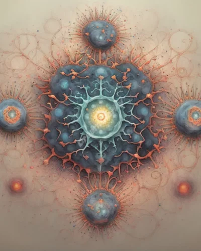 Virus-like shapes forming dream symbols, representing illness and transformation.