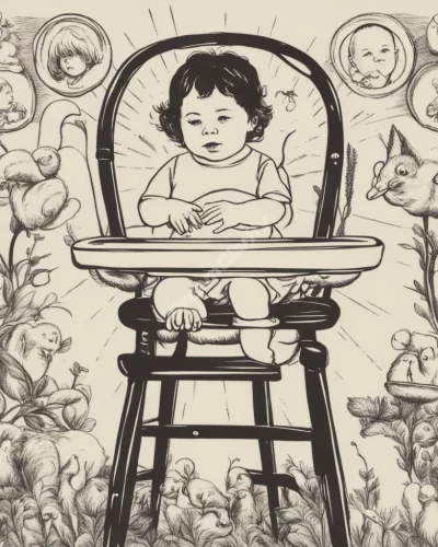 A high chair with a child, surrounded by nurturing symbols, representing growth.