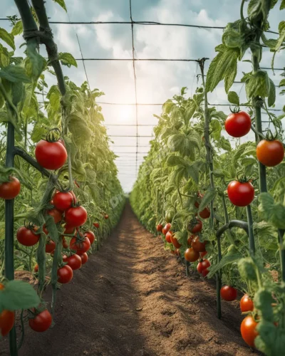 Tomatoes growing in a dream garden, symbolizing fertility and abundance.