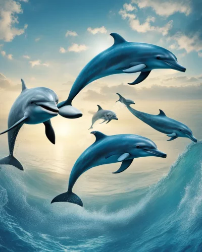 Dolphins swimming through a dream ocean, representing intelligence and playfulness.