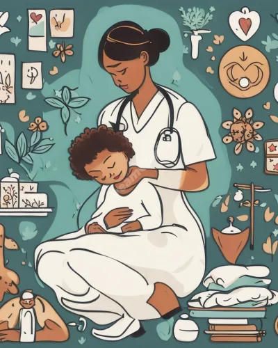 A nurse caring for patients, surrounded by symbols of healing and compassion.