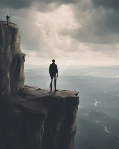 A figure standing on a cliff edge, overlooking a dream vista, representing risk and perspective.