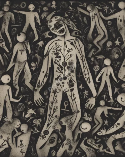 A figure being molested, surrounded by dark symbols, representing trauma.