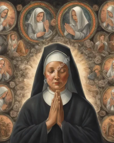 Nuns praying, surrounded by symbols of devotion and spirituality.