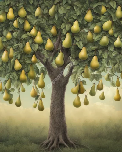 Pears growing on a tree, each revealing a different dream scene, representing fertility.