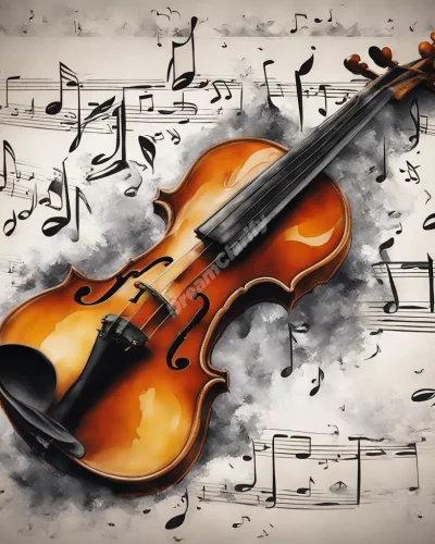 A violin playing visible music notes that form dream scenes, representing harmony and emotion.