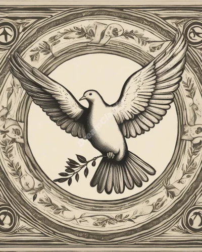 A dove flying with an olive branch, surrounded by symbols of peace and hope.