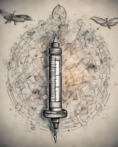 A syringe injecting dream symbols, representing influence and transformation.