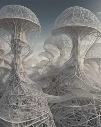 Skeletal structures forming dream landscapes, symbolizing foundation and hidden truths.