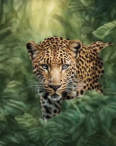 A leopard moving through a dream jungle, its spots revealing hidden scenes.