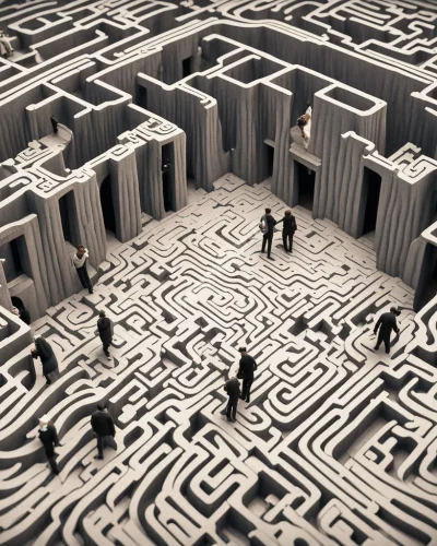 Figures playing hide and seek in a dream labyrinth, representing search for hidden aspects.