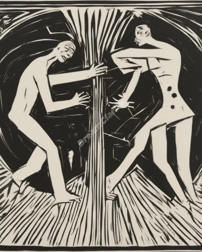 Two figures in a confrontation, surrounded by emotional symbols, representing aggression.