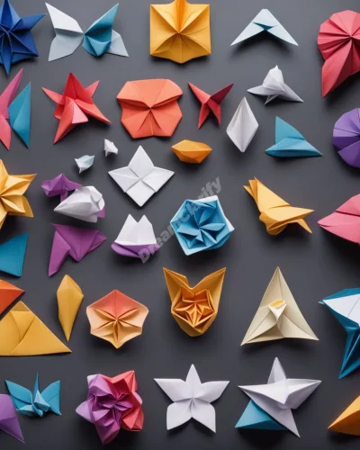 Origami shapes unfolding into dream symbols, representing creativity and transformation.