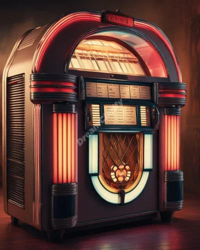 A jukebox playing visible music that forms dream scenes, representing nostalgia and choice.