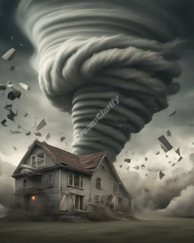 A tornado swirling with dream objects, representing chaos and transformation.