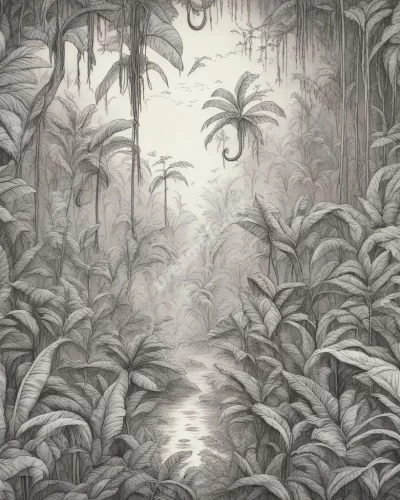 A jungle with hidden dream symbols, representing adventure and mystery.