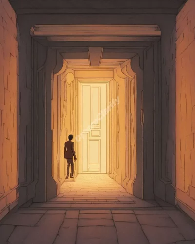 A figure passing through a glowing doorway, representing initiation in dreams.