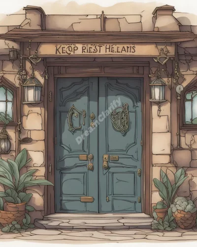 An inn with doors opening to different dream realms, representing rest and transition.
