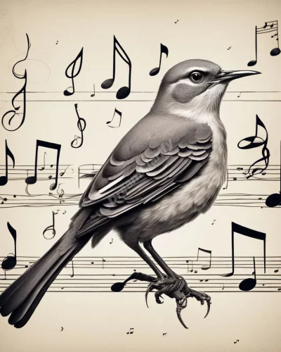 A mockingbird singing, with musical notes forming dream symbols, representing communication.