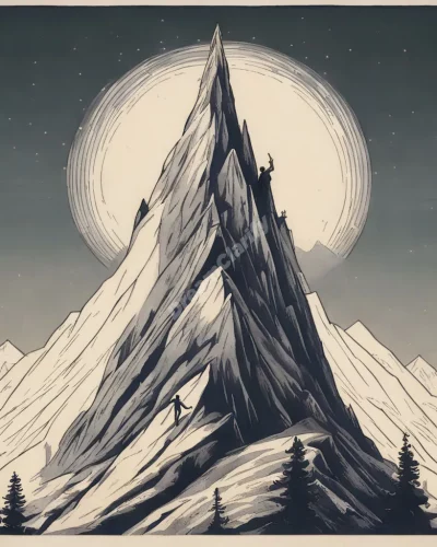 A mountain peak with a figure standing triumphantly, representing peaks in dreams.