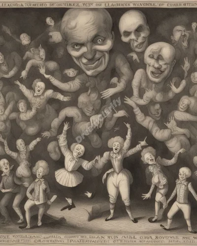 Clowns performing in a dream circus, surrounded by symbols of humor and fear.