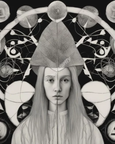 A doppelganger mirroring a figure, surrounded by identity symbols, representing duality.