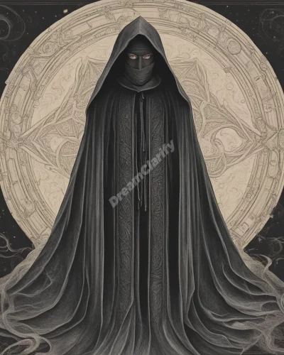 A mysterious cloaked figure revealing hidden dream symbols, representing the unknown.