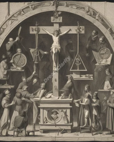 Figures in an inquisition scene, surrounded by judgment symbols, representing scrutiny.