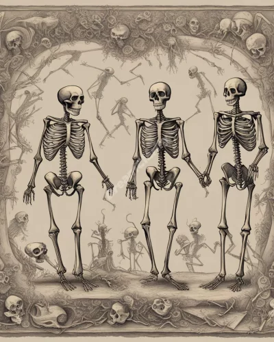 Skeletons dancing, surrounded by symbols of death and the past.