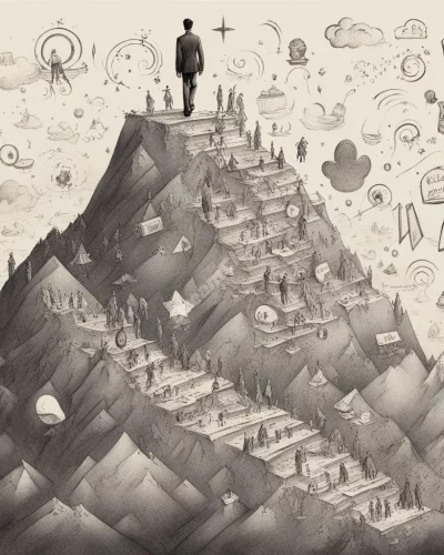 A figure climbing a mountain of dream symbols, representing challenges and aspirations.