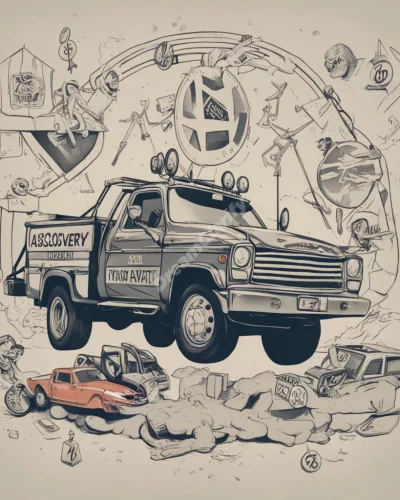 A tow truck pulling a vehicle, surrounded by symbols of assistance and recovery.