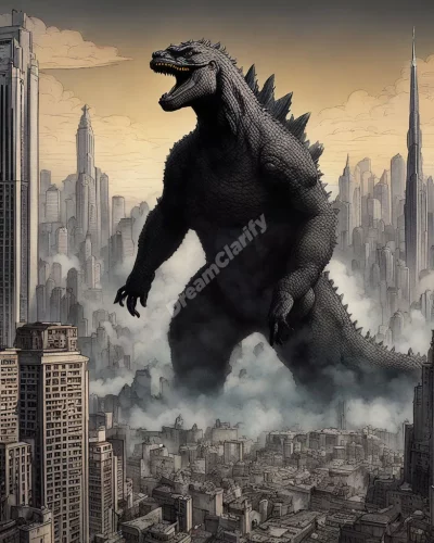 Godzilla towering over a dream city, representing power and fear.