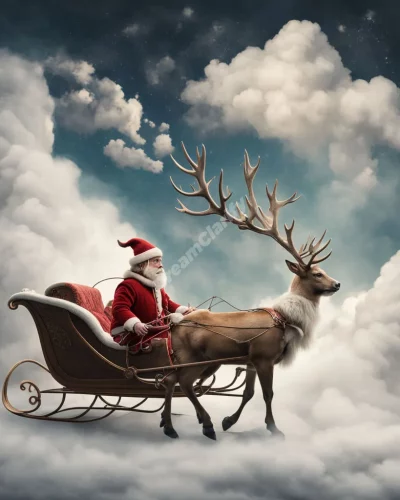 Reindeer pulling a sleigh through dream clouds, representing magic and journey.