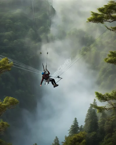 Person falling from zipline over misty forest canyon, looking surprised and scared.