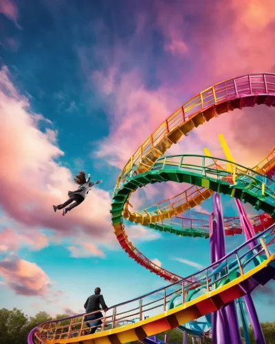 Person falling from vibrant rollercoaster in dreamlike sky, symbolizing loss of control.