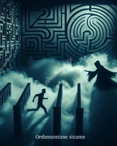 Mysterious shadow pursuing a person in a dream-like, maze environment, representing shadow chase dreams.