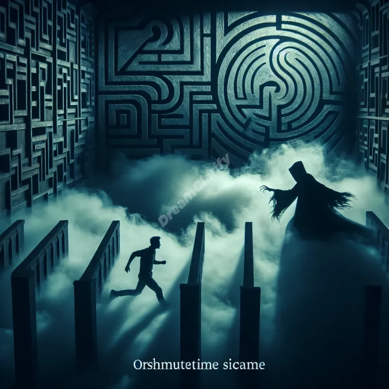 Mysterious shadow pursuing a person in a dream-like, maze environment, representing shadow chase dreams.