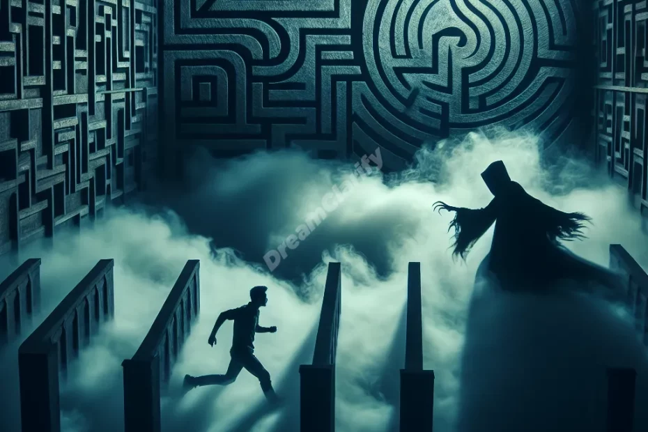 Mysterious shadow pursuing a person in a dream-like, maze environment, representing shadow chase dreams.