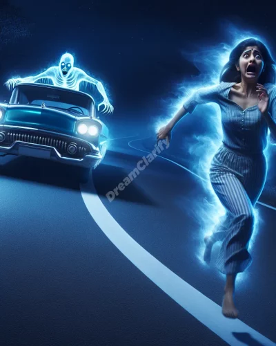 Person running from a ghostly vehicle on a dark, winding road, symbolizing vehicle chase dreams.
