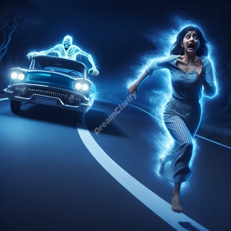 Person running from a ghostly vehicle on a dark, winding road, symbolizing vehicle chase dreams.